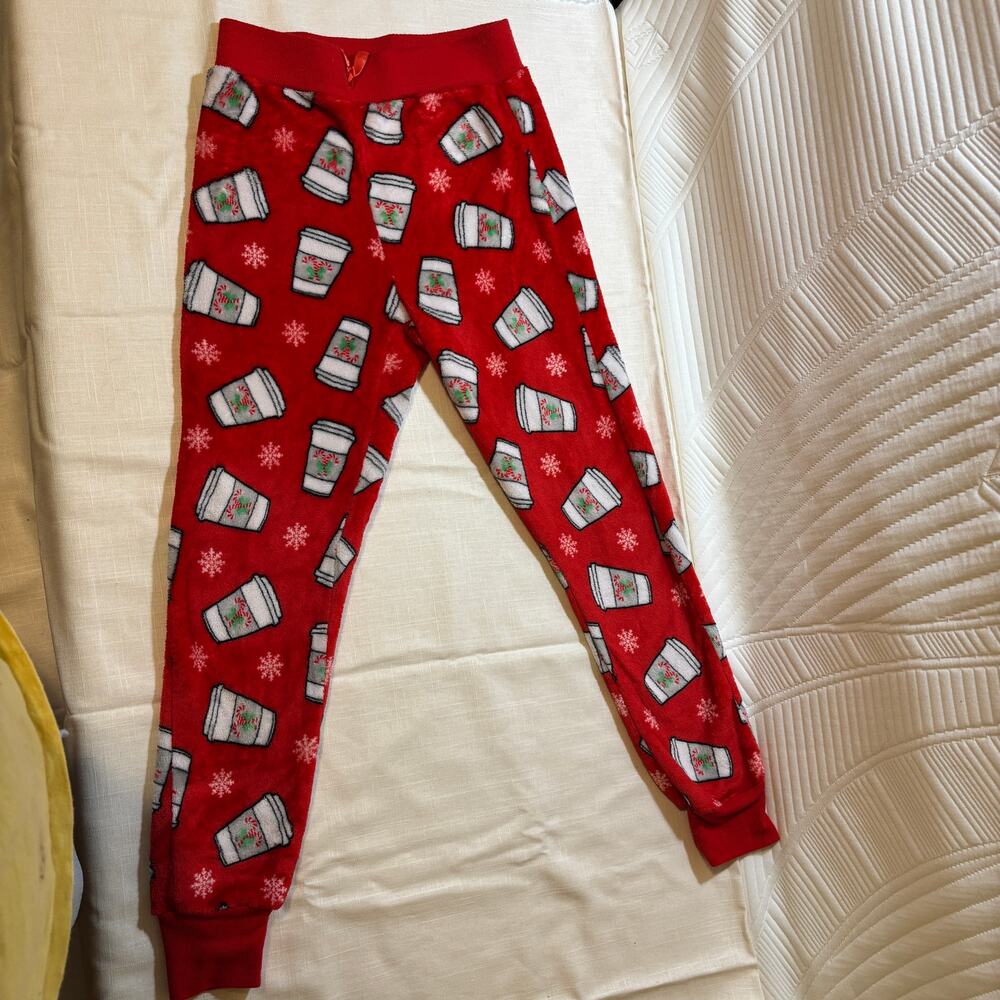 Em & Alfie Womens M Christmas Pajama Pants Coffee Cup Fleece Red Holiday Lounge
